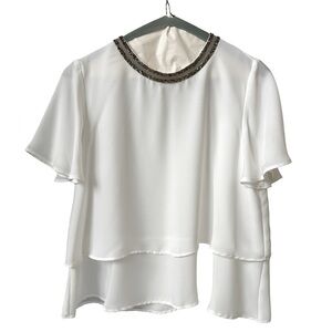 Zara Women’s white jewel embellished collar neck Flowy silkish look- White- SZ S